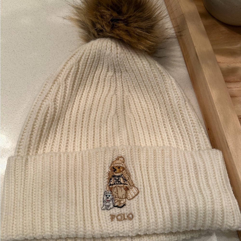 Polo by Ralph Lauren Kids White Knit Beanie with Bear Design